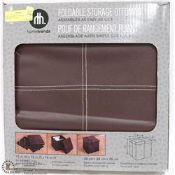 203) FOLDABLE STORAGE OTTOMAN. BROWN LEATHER