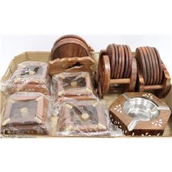 56) FLAT OF MAHOGANY WOOD/BRASS ASHTRAYS,