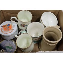 221) BOX OF COLLECTABLE CHINA BONE, MUGS, CUPS