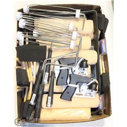BOX OF PAINT TRAYS ,BRUSHES, ROLLERS & REFILLS