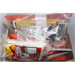 BOX OF MISC SIGNS/SHOP VAC BAGS/NIGHT STICKS