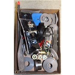 MISC BOX WITH TOP RING PARTS, HANDLE CRANK, ETC