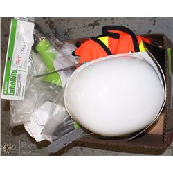 BOX WITH HARD HAT , SAFETY VEST, MISC