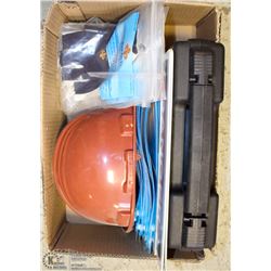 BOX WITH SIGNS, BLACK CASE, HARD HAT, MISC