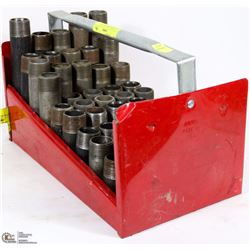 1” GAS NIPPLE TRAY FULL OF VARIOUS FITTINGS