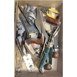 BOX OF VARIOUS TOOLS INCL PLANERS, PLIERS, GLASS