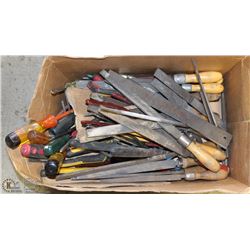 BOX FULL OF ASSORTED FILES, SCREWDRIVERS, PLIERS