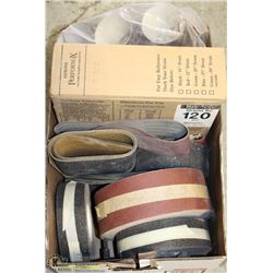 BOX FULL OF SANDING BELTS, ROLLS, VARIOUS GRIT