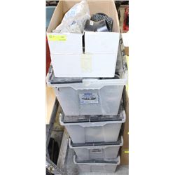 4 TOTES + 1 BOX OF ASSORTED PLUMBING PARTS