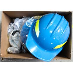 BOX OF 3 BLUE HARDHATS AND ASSORTED SAFETY EYEWEAR