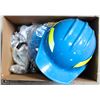Image 1 : BOX OF 3 BLUE HARDHATS AND ASSORTED SAFETY EYEWEAR