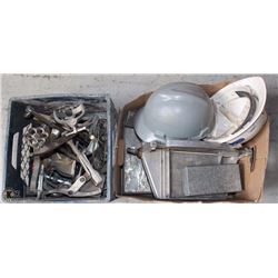 2 BOXES W/ HARDHAT, TILE CUTTER AND MISC SPECIALTY