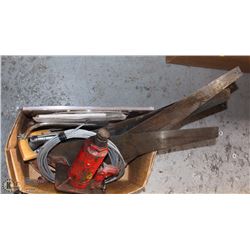 BOX WITH BOTTLE JACK, MISC SAWS AND SPARE BLADES