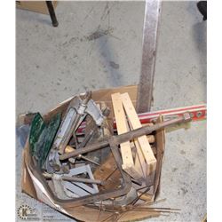 BOX WITH LARGE C-CLAMPS, WOOD CLAMPS, LEVEL AND