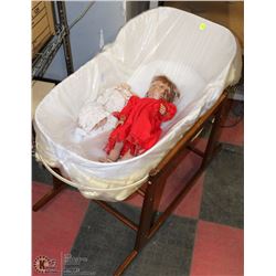 CRADLE ROCKER W/ PORCELAIN BABY DOLL AND ANTIQUE