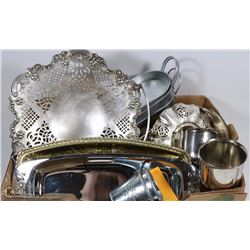 BOX OF SILVER PLATED, COPPER AND NICKEL SERVEWARE