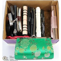 BOX W/WALLETS, CLUTCH PURSES, & CHANGE