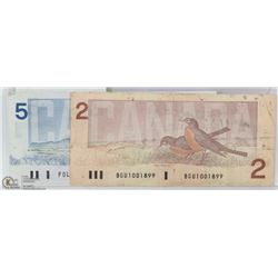 LOT OF 2 -1986 CANADIAN $2 AND $5 BILLS