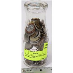 VINTAGE CREAM BOTTLE W/ 2LBS OF WORLD COINS