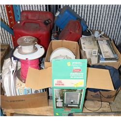 PALLET OF JERRY CANS, ELECTRICAL CORDS AND MORE