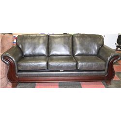 NEW DARK GREY LEATHERETTE WITH WOOD TRIM SOFA