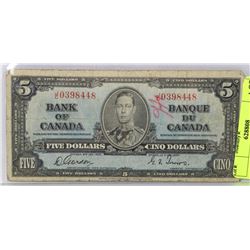 1937 CANADIAN $5.00 BILL