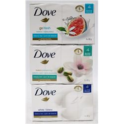 THREE ASSORTED PKS OF 4 DOVE SOAP BARS