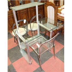 METAL AND GLASS COMPUTER DESK WITH GLASS CHAIR