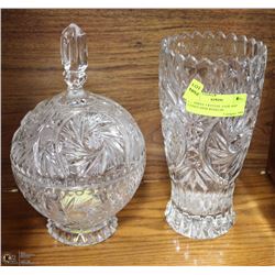 PINWHEEL CRYSTAL VASE AND CANDY DISH WITH LID