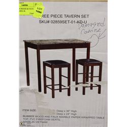 NEW 3PC TAVERN WOOD & FAUX MARBLE TABLE &