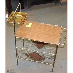 ANTIQUE TABLE, CART ASHTRAY AND MAGAZINE RACK