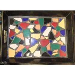 LARGE BLACK AND MOSIAC GLASS WOODEN TRAY