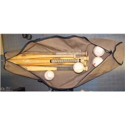 BAG W/ 6 SOFTBALL BATS AND 6 BALLS