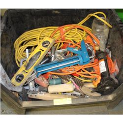 LARGE LOT OF TOOLS, POWER CORDS, JACK AND MORE