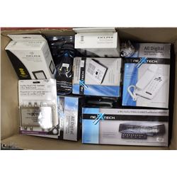 LARGE BOX OF NEW ELECTRONICS, CABLES, PHONES AND