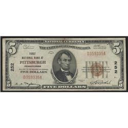 1929 $5 National Bank Note of Pittsburgh Pennsylvania Charter #252