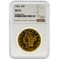1904 $20 Liberty Head Double Eagle Gold Coin NGC MS62