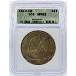 1872-CC $1 Seated Dollar Coin ICG Graded MS62
