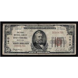 1929 $50 The First National Bank of Baltimore, MD Currency Note