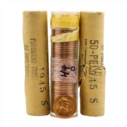 Lot of (3) 1944-D, (2) 1945-S Brilliant Uncirculated Lincoln Wheat Penny Rolls