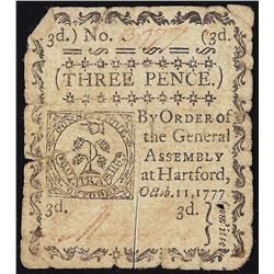 October 1, 1777 Connecticut Three Pence Colonial Currency Note