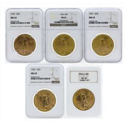 Lot of (5) Assorted $20 St. Gaudens Double Eagle Gold Coins PCGS MS63