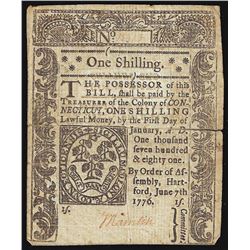 June 19, 1776 One Shilling Connecticut Colonial Currency Note