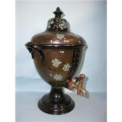 A Jackson ware 19thC tea urn with cover and brass tap, black with enamelled decoration, 16" high....