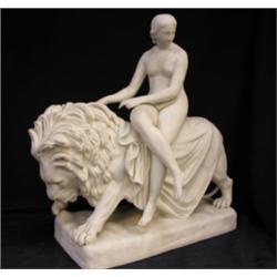 A Marble figure by Minton of Lydia and the Lion, the lion with marks for 1860 by John Bell, 14" h...