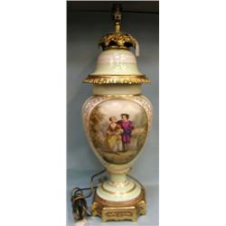 A 20thC large china and ormolu decoration table lamp depicting Regency figures, 24" high....