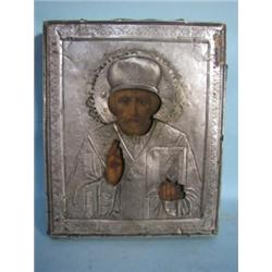 A Russian Silver Icon, poss 19thC with velvet backing....