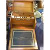 A light Oak c1900 folding stationary box, leather inset writing slope interior, letter sections,...