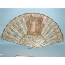 A Victorian Mother of Pearl hand decorated Silk fan in original box by J Duvelleroy of Paris....