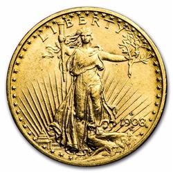 1908-D $20 Saint-Gaudens Gold Double Eagle No Motto